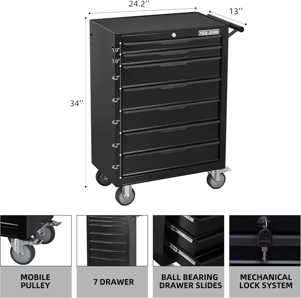 Rolling Tool Chest, 7-Drawer Small Tool Cabinet, Metal Tool Box with Wheels & Locking System, Ergonomic Push-Pull