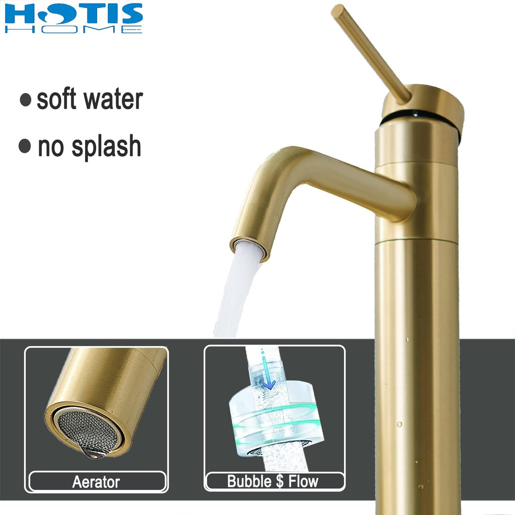 Hotis Gold Vessel Sink Faucet, 360 Swivel Brushed Gold Vessel Faucet, Single Handle Tall Body Farmhouse Vessel