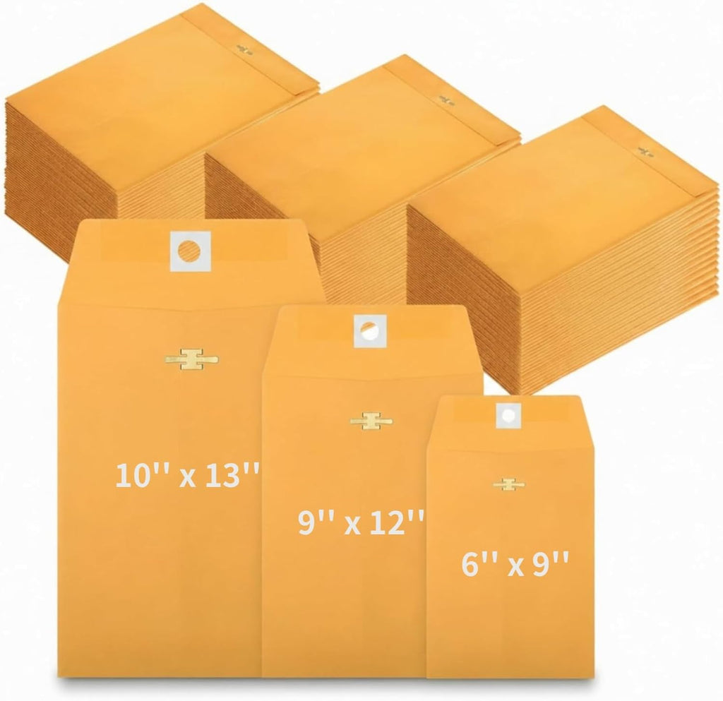 3 Sizes Manila Envelopes with Clasp, 100 Pack Kraft Clasp Envelopes