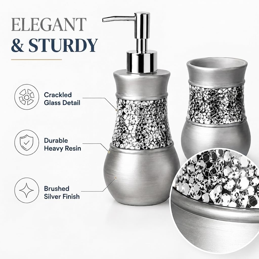 4 Pc. Resin Bathroom Accessory Set | Silver Crackled Glass | Includes Soap Dispenser, Toothbrush Holder, Tumbler Cup