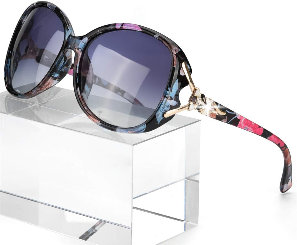 Polarized Sunglasses for Women Oversized Ladies Sun Glasses UV400 | Goldern Cat Pattern Design with Silver Rhinestone
