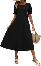Womens Summer Dress Casual Midi Dresses 2026 Short Puff Sleeve Flare Dress Pleated Flowy Sundress with Pockets