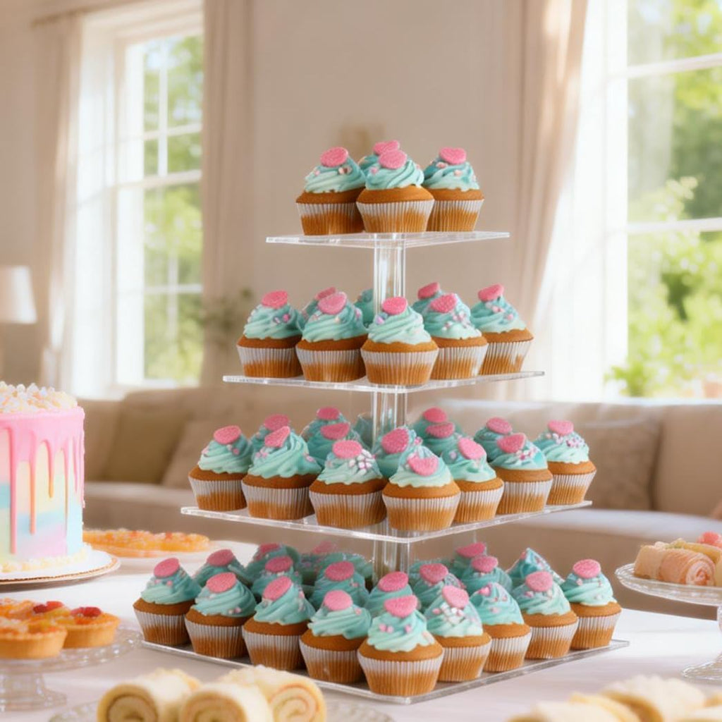 4 Tier Acrylic Cupcake Tower Stand, Clear Square Dessert Treat Display, Cake and Cupcake Stand Set, Candy Bar Party