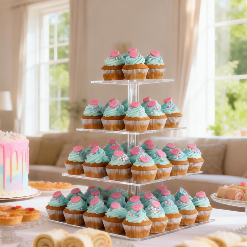 4 Tier Acrylic Cupcake Tower Stand, Clear Square Dessert Treat Display, Cake and Cupcake Stand Set, Candy Bar Party