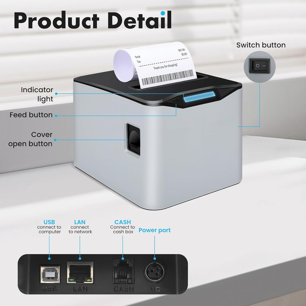 Thermal Receipt Printer, 80mm USB POS Printer,Auto Cutter, Support Cash Drawer, Support Windows/Mac/Linux, Do Not