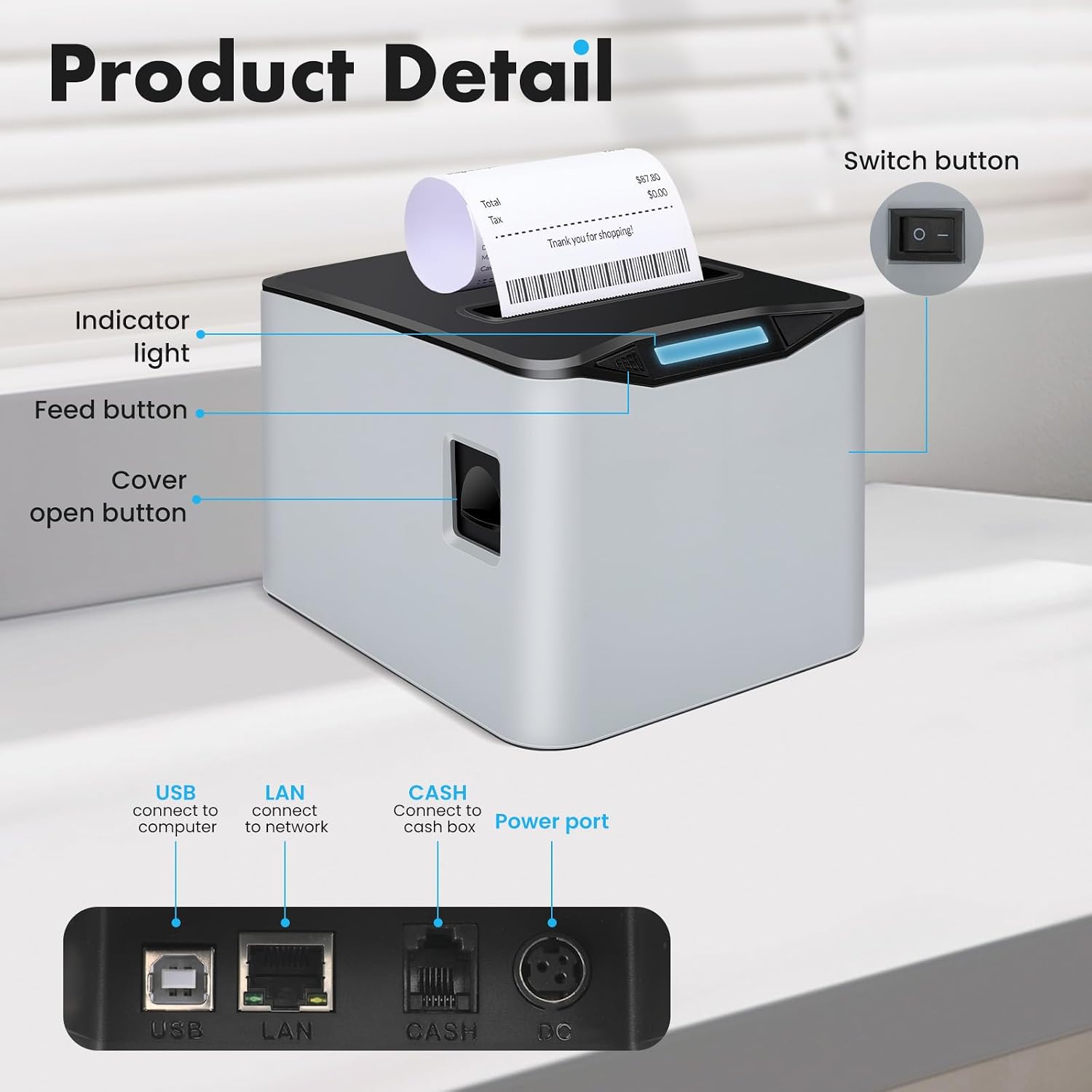 Thermal Receipt Printer, 80mm USB POS Printer,Auto Cutter, Support Cash Drawer, Support Windows/Mac/Linux, Do Not
