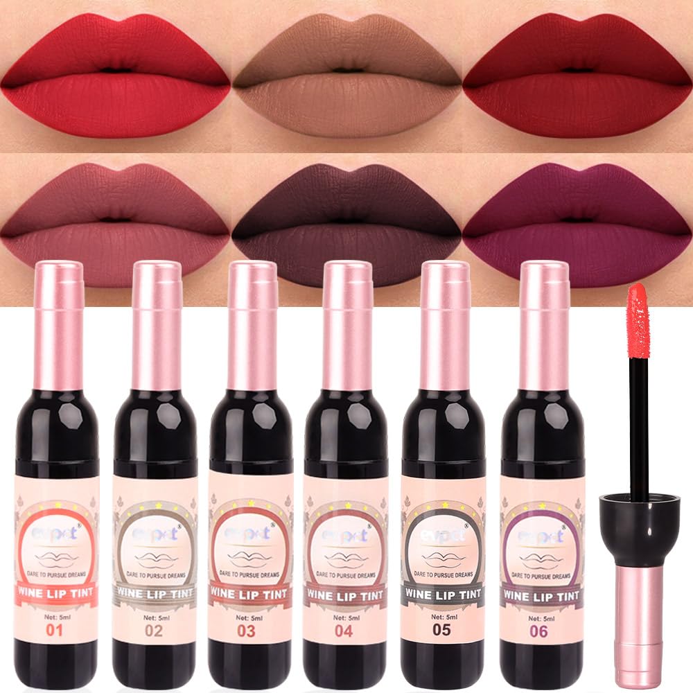 6Pcs Wine Bottle Lip Tint Stain Set Long Lasting Lipstick 24 hour Waterproof for Women, Ruby Dark Deep Rose Red Plum
