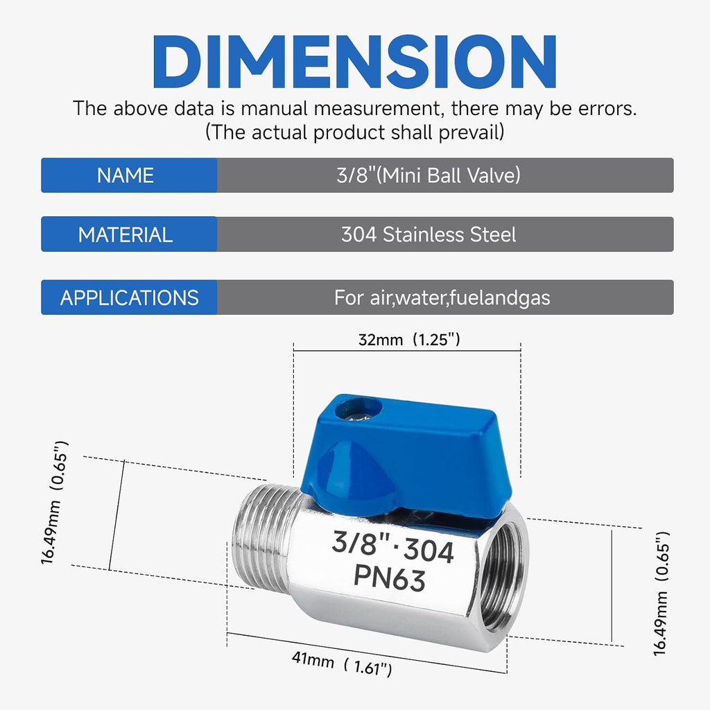 3/8" 304SS Full Port Ball Valve, NPT F x M, 4Pcs