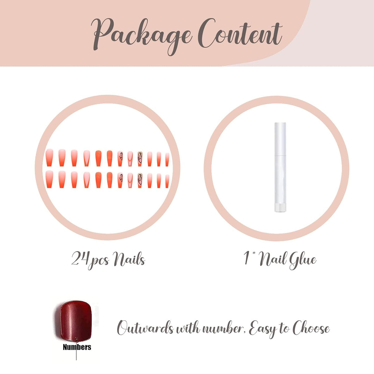 Long Coffin Press on Nails - Orange Fake Nails, Butterfly Summer Design Full Cover, Matte Acrylic Glue on Nails 24Pcs