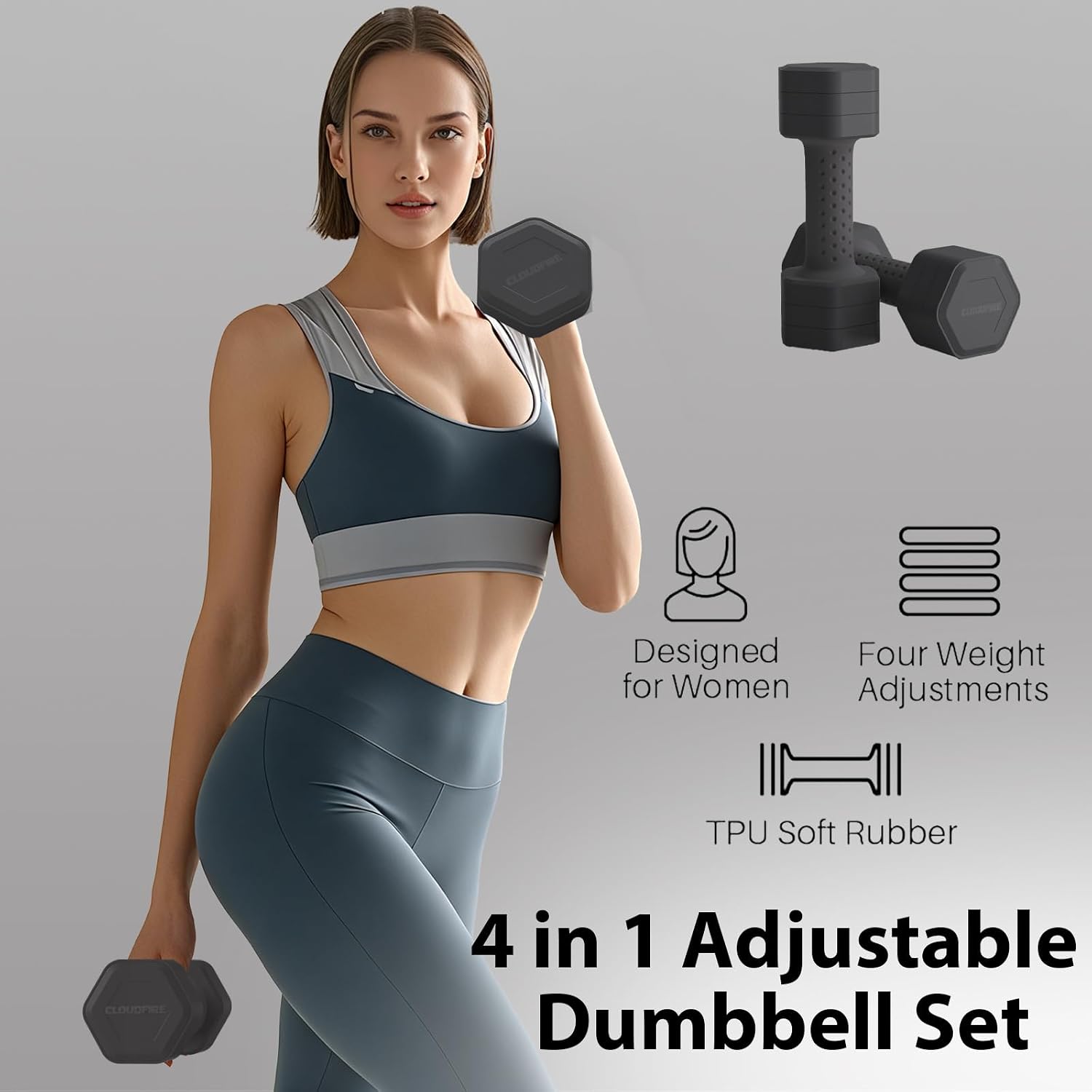 Adjustable Dumbbell Set of 2, 4 in 1 Free Weights Dumbbells Set, Hand Weights for Women at Home, 5 lb Dumbbells Set