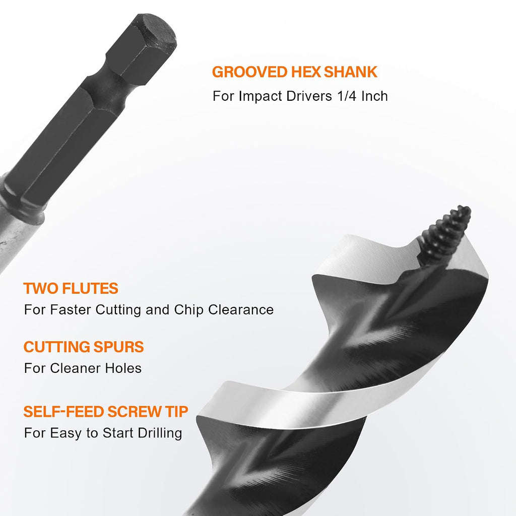 Auger Drill Bit Set for Wood, 9-Piece Alloy Steel | Hex Shank Wood Auger Bits with Screw Point for Hardwood