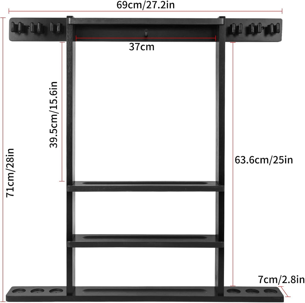 Black Pool Stick Holder, Wall Mount Pool Cue Rack ,Solid Wood Floor Stand for billiard cue sticks,Holds 6 Pool Cues &