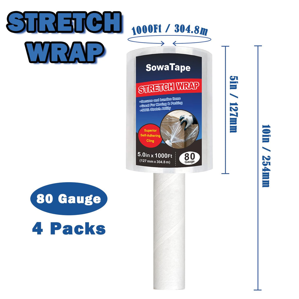 4 Pack Mini Clear Stretch Wrap Film with Handle 5''x1000Ft