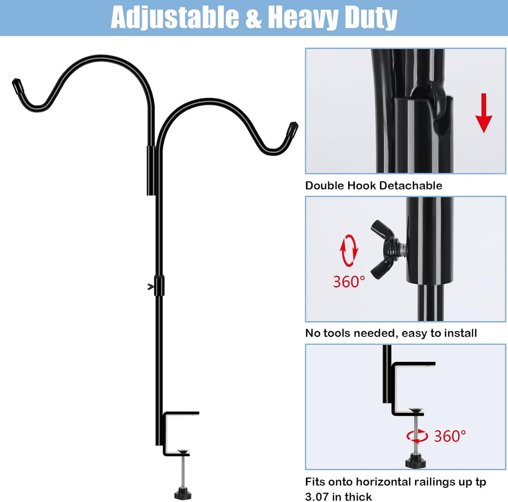 35 Inch 2 Pack Double Deck Hook for Railing, Deck Bird Feeder Pole with 3 Inch Strengthened Clamp for Hanging Bird