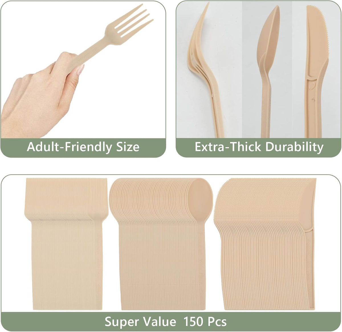 Disposable Silverware Bulk Heavy-Duty 150 Pcs, Compostable Forks, Spoons and Knives, Disposable Cutlery Set
