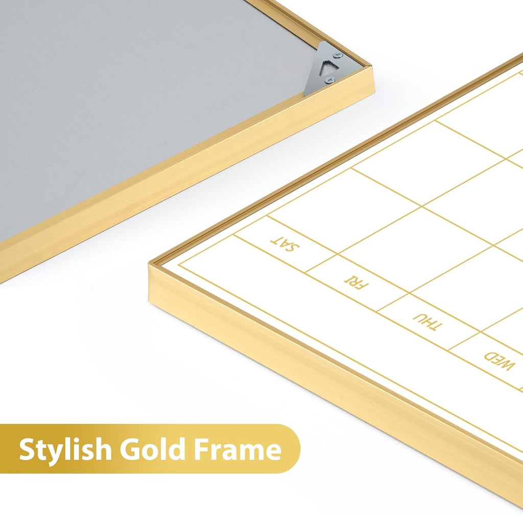 Dry Erase Calendar with Cork Board, 36"x24" Magnetic White Board Calendar Dry Erase for Wall, Gold Frame Combination
