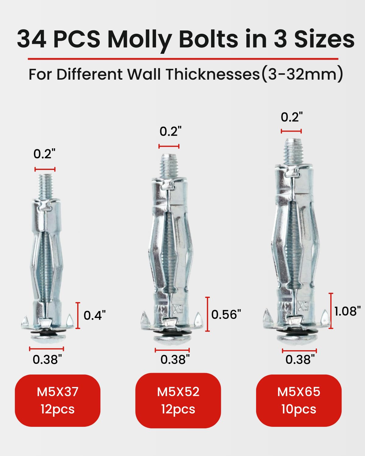 Molly Bolts for Drywall Plaster Walls (0.12"-1.28"), 34 PCS in 3 Sizes, Heavy Duty Hollow Wall Anchors with Setting