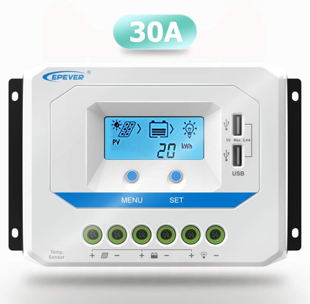 Solar Charge Controller 30A 12V/24V Auto Work, Solar Panel Solar Charge Controller PWM Regulator with LCD Display and