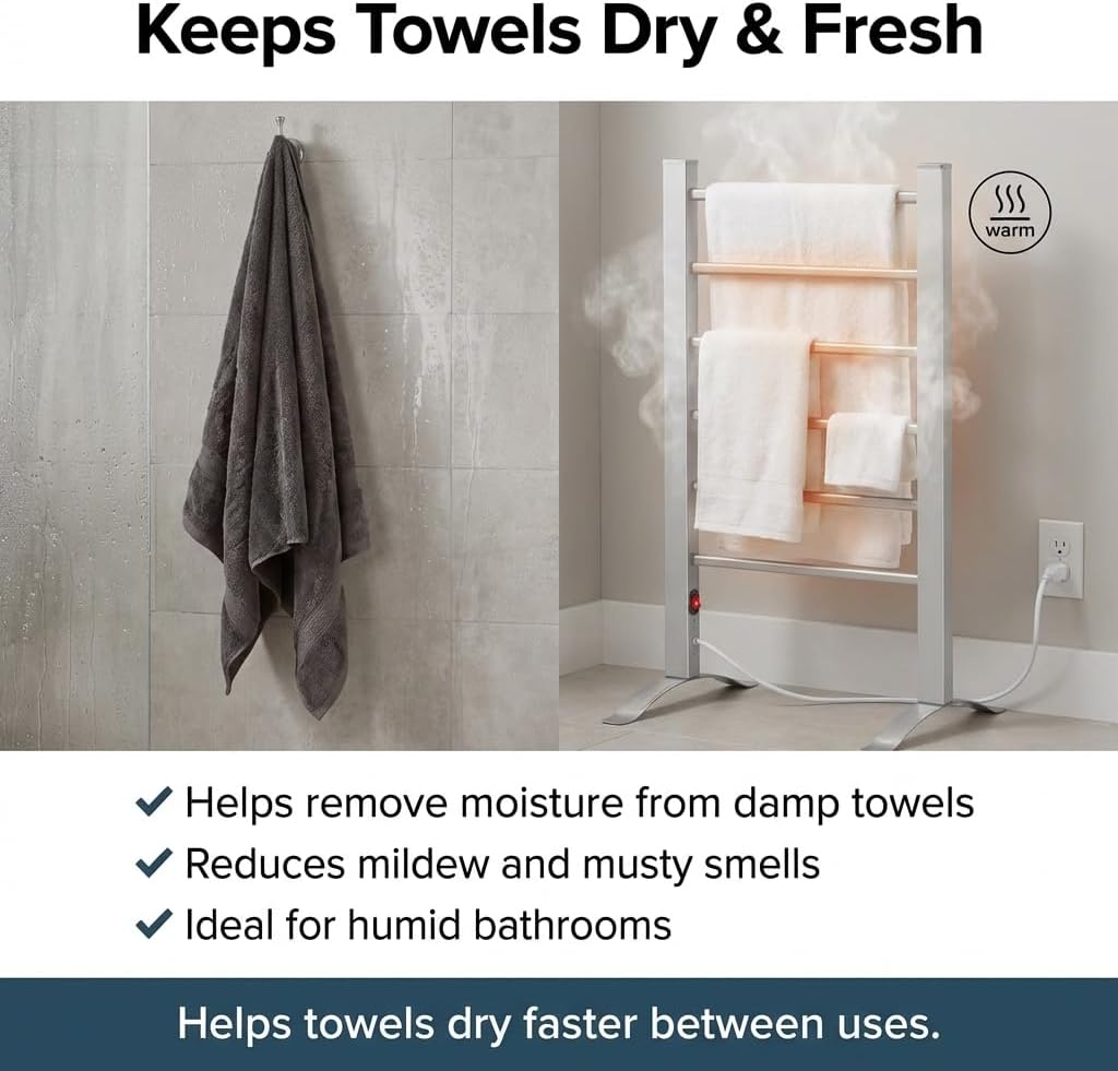 TW300 Towel Warmer Rack for Bathroom – 6-Bar Electric Heated Towel Rack, Wall Mounted or Freestanding Setup, Plug-In