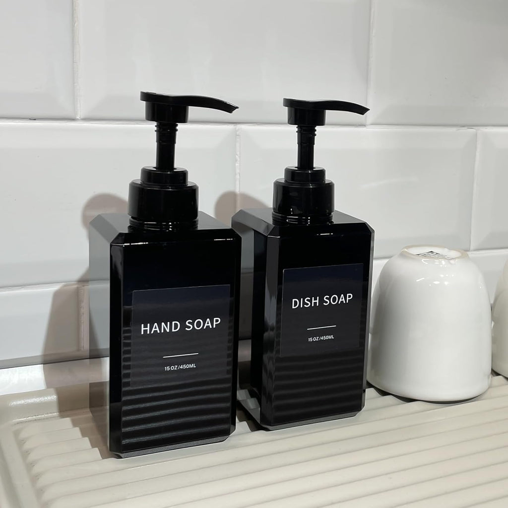 Black Soap Dispenser with Waterproof Labels, Thickened Plastic Hand Soap Dispenser for Bathroom, Kitchen Dish Washing
