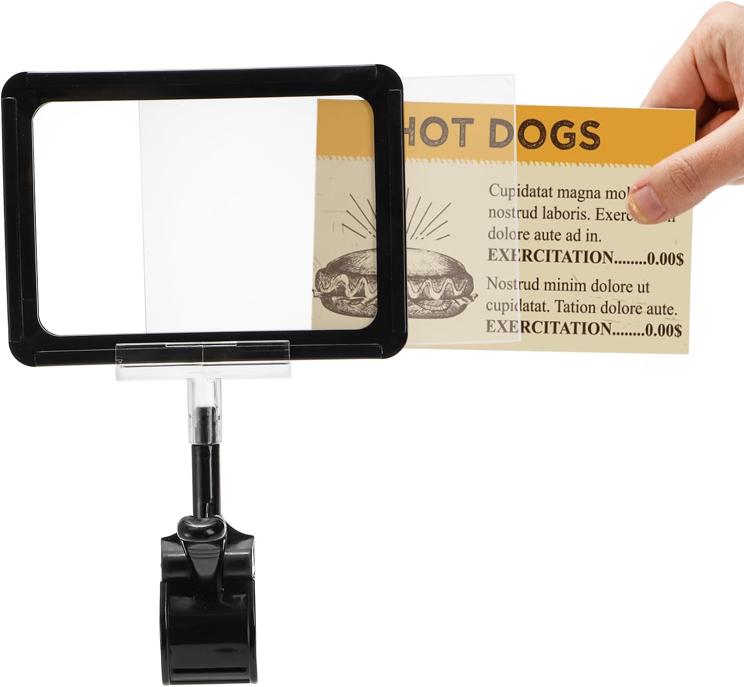 10 Pack Acrylic Sign Holder with Clamp, Rotating Clip Pop Swivel Sign with PVC Card Protector, Double Head Sale Signs
