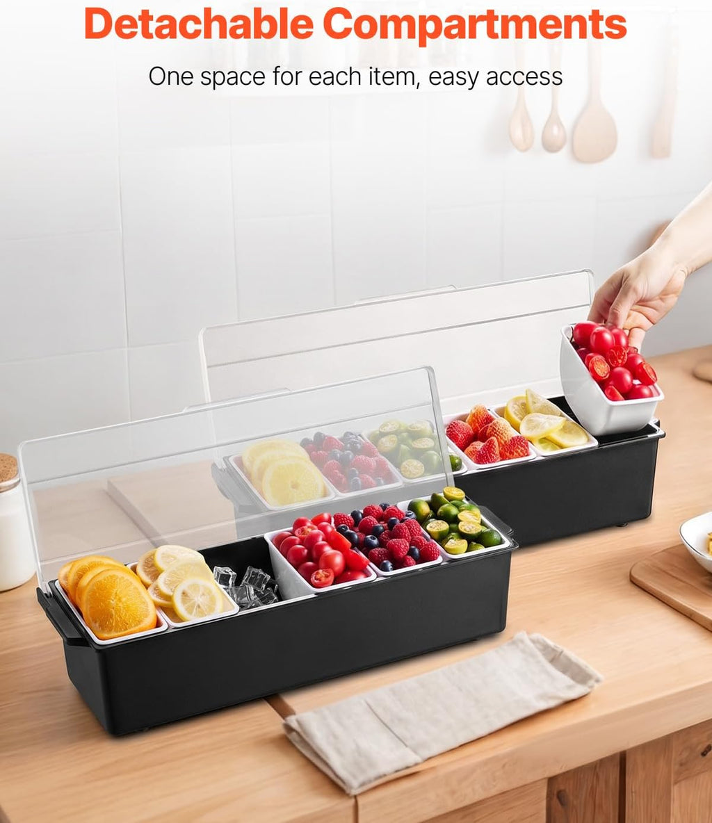 Ice Cooled Condiment Serving Container, 6 Compartments Chilled Server, Fruit Veggie Condiment Caddy, Plastic Garnish