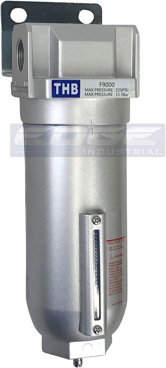 HEAVY DUTY INDUSTRIAL RATED HIGH FLOW PARTICULATE FILTER, IN-LINE WATER TRAP FOR COMPRESSED AIR LINE SYSTEMS, 5 MICRON WITH METAL BOWL (1/2" NPT, 11oz)
