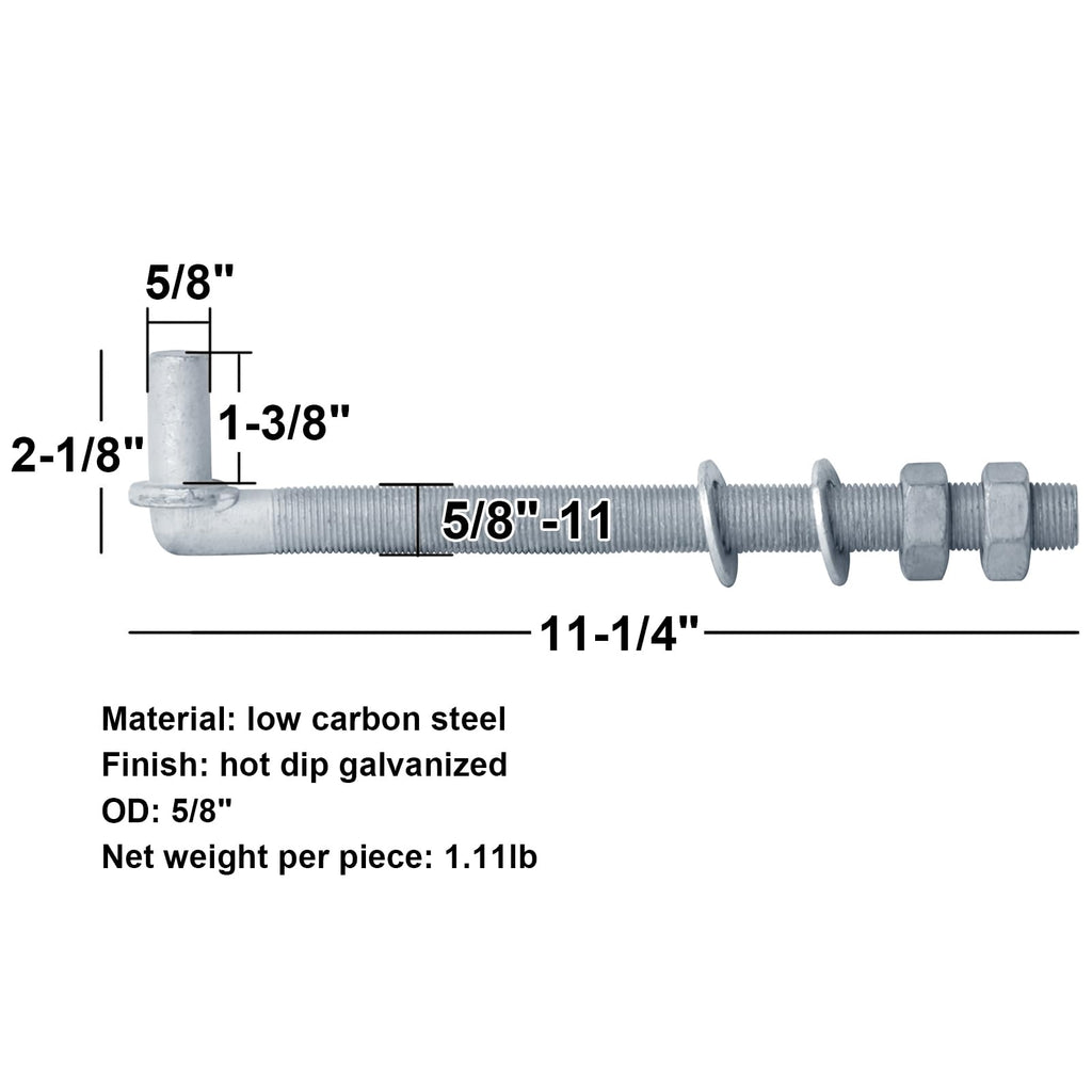 4 Pack 5/8" J-Bolt Gate Hinges, Threaded Post Hinge Pin, 5/8" x 11-1/4"