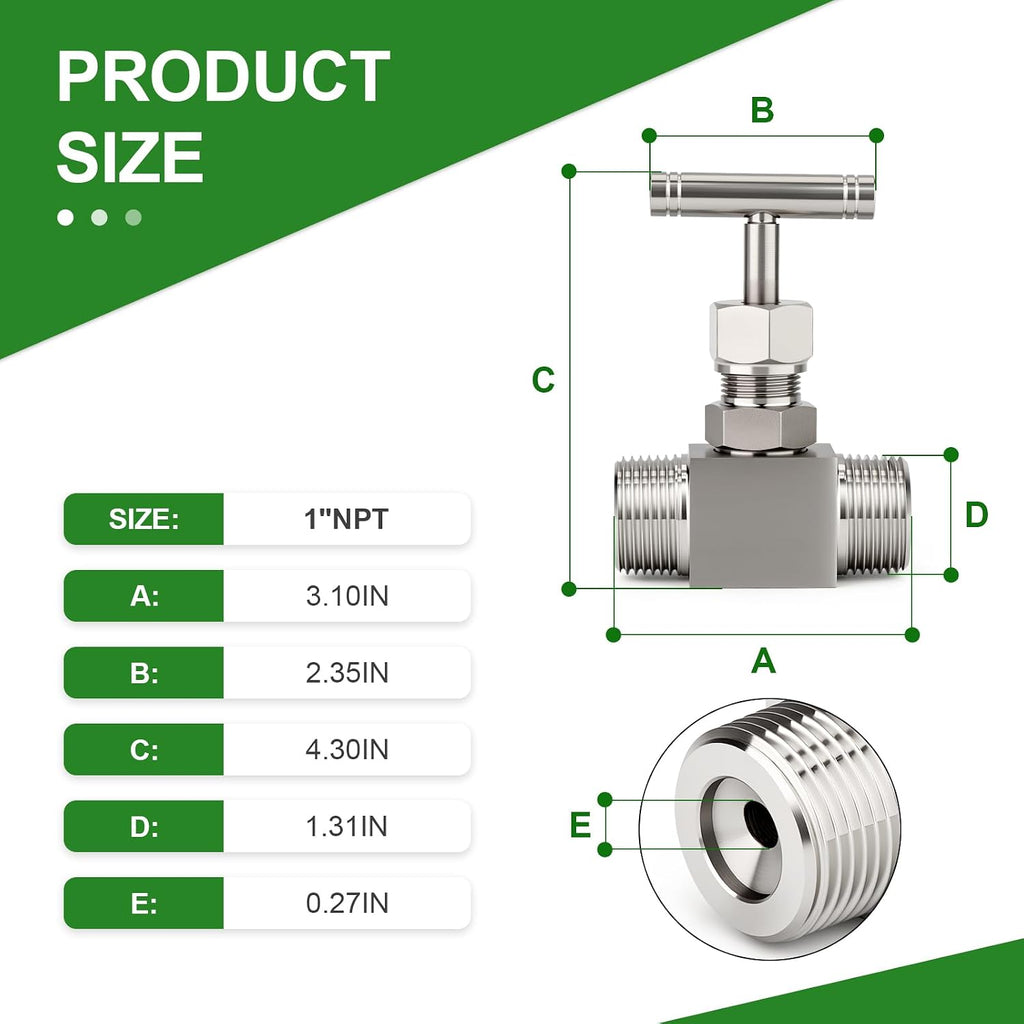 TAISHER 1PCS 304 SS, 1" MNPT x MNPT, High Pressure Straight Needle Valve