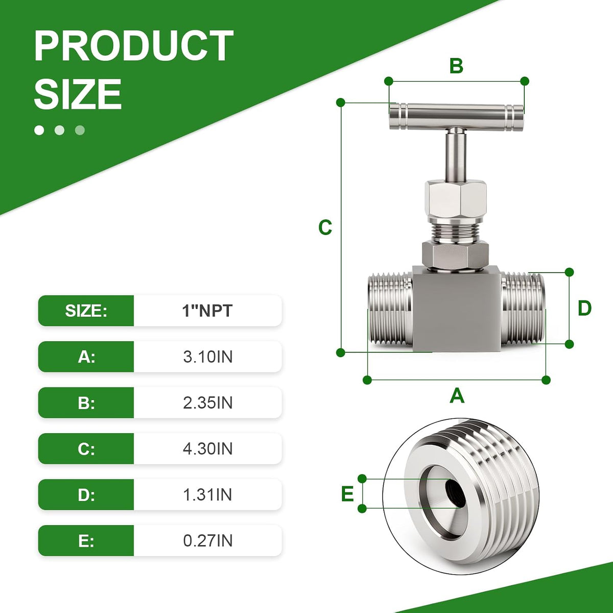 TAISHER 1PCS 304 SS, 1" MNPT x MNPT, High Pressure Straight Needle Valve