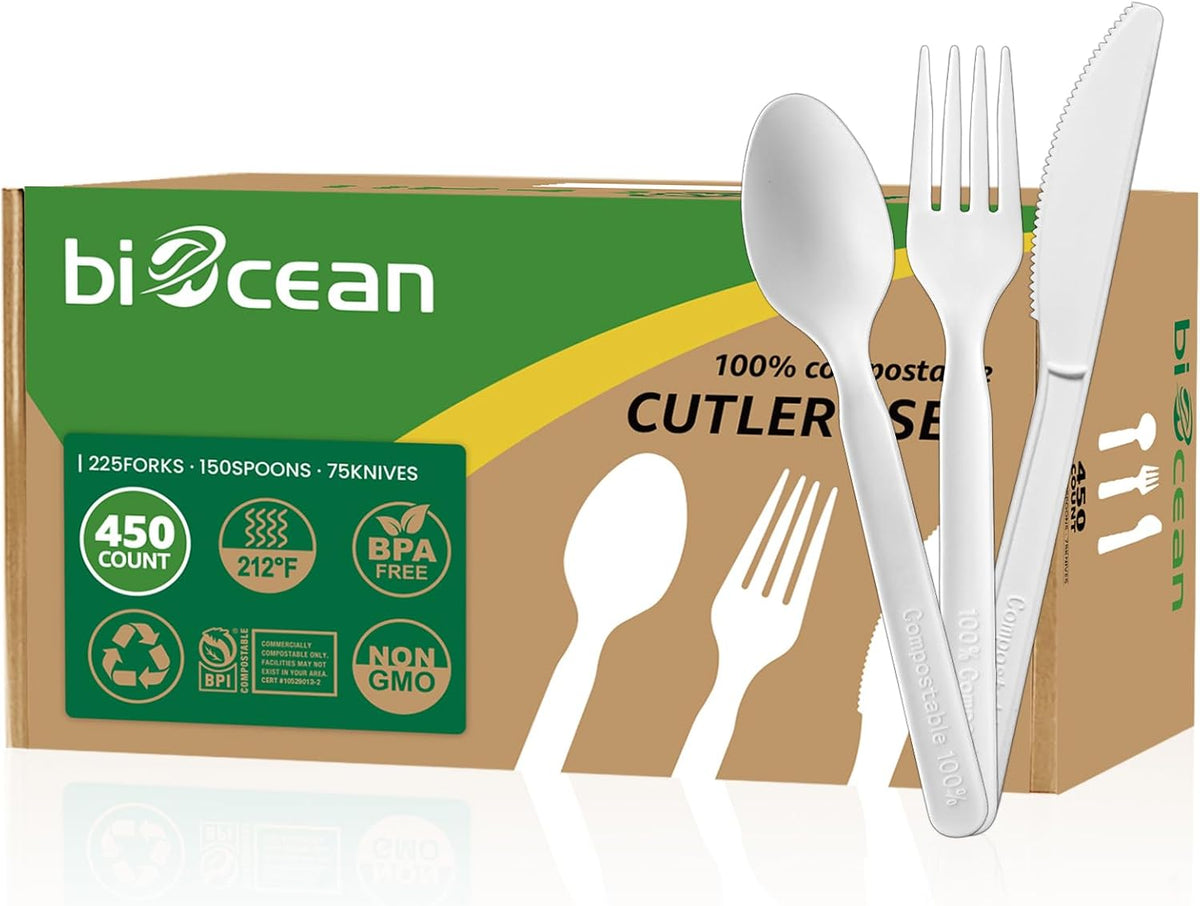 450 Counts Compostable Forks Spoons Knives Set Disposable Forks Utensils Heavy Duty Silverware Eco Friendly Flatware