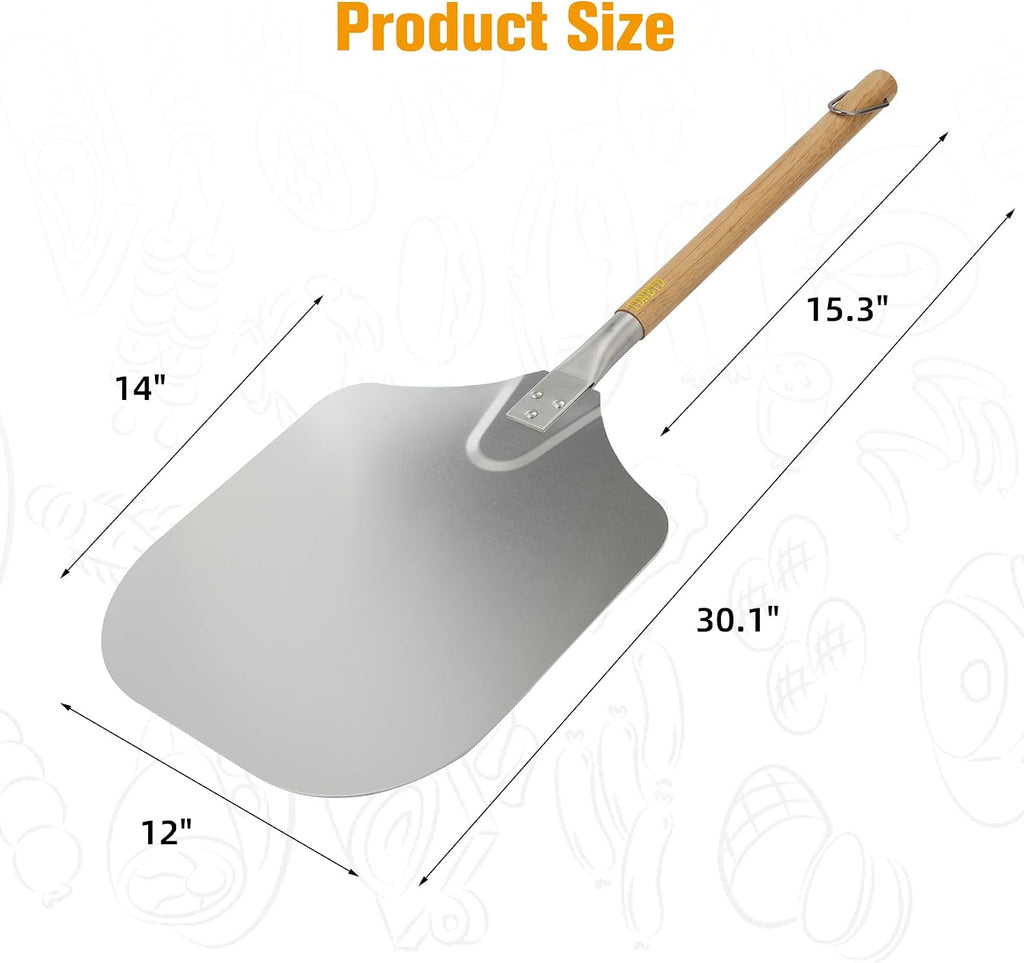 Pizza Peel 12" x 14",30.1" Long Aluminum Metal Pizza Turning Peel with Detachable Wooden Handle For Baking