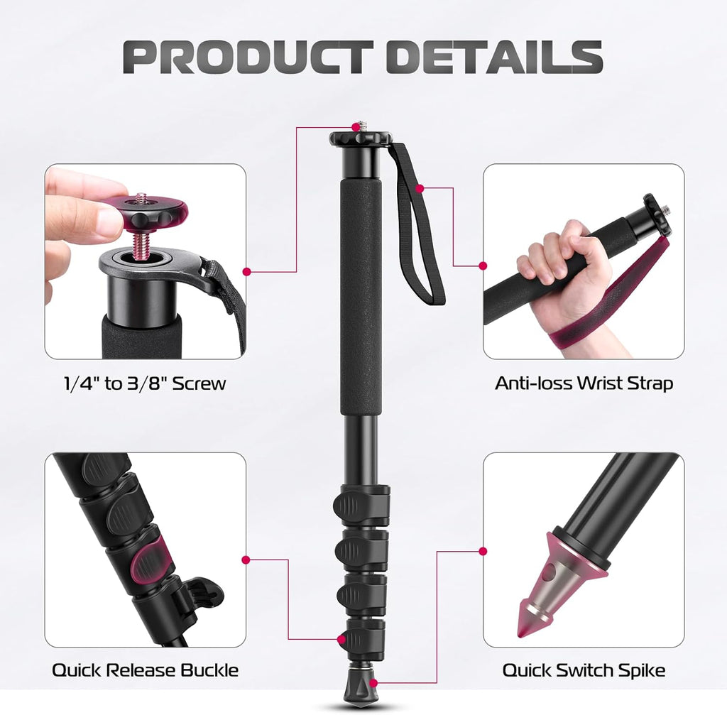 TB12 61-Inch Camera Monopod - Portable Tripod & Monopod Photography Stick with 5-Section Height, Aluminum Compact