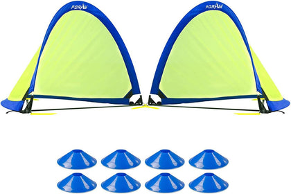 Poray Soccer Goal for Kid Easy-up Set of Two Portable Soccer Net 210D Oxford with 8 Field Marker Cones Extra Stakes