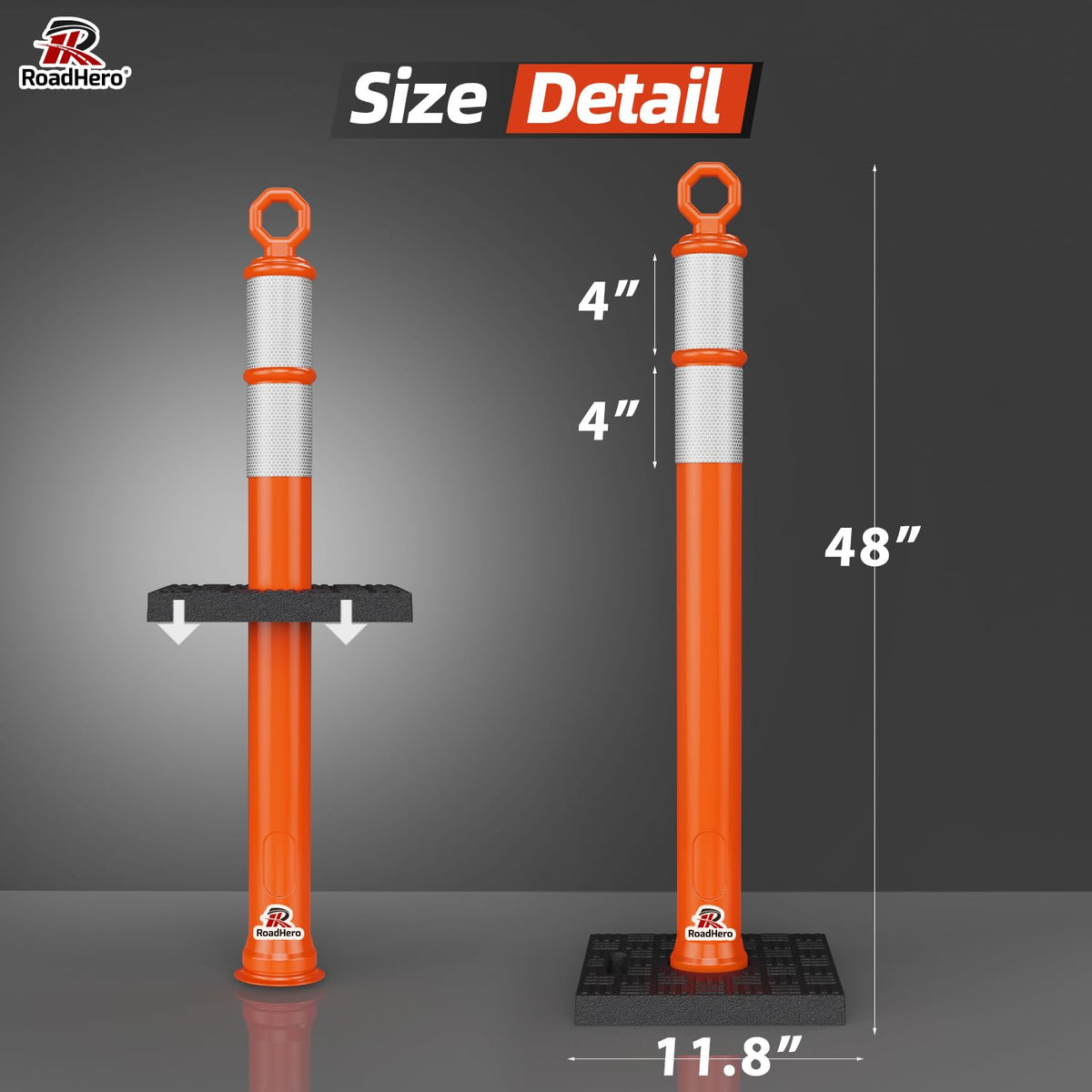 48 Inch Traffic Delineator Post Cones with Base, Orange, 4 Pack