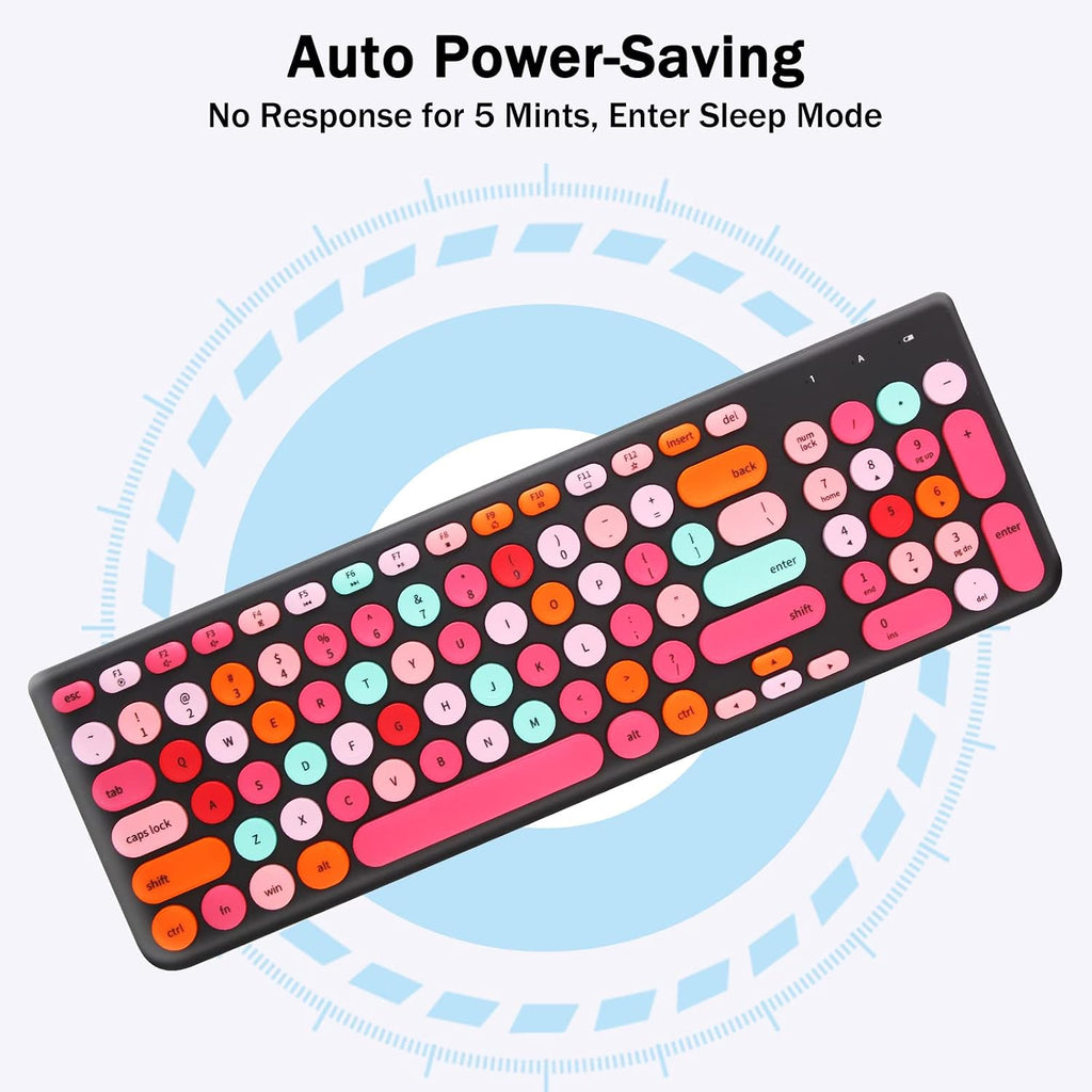 Wireless Keyboard and Mouse Combo, Retro Typewriter Keyboard with Round Keycaps, 2.4GHz USB Cute Wireless Keyboard