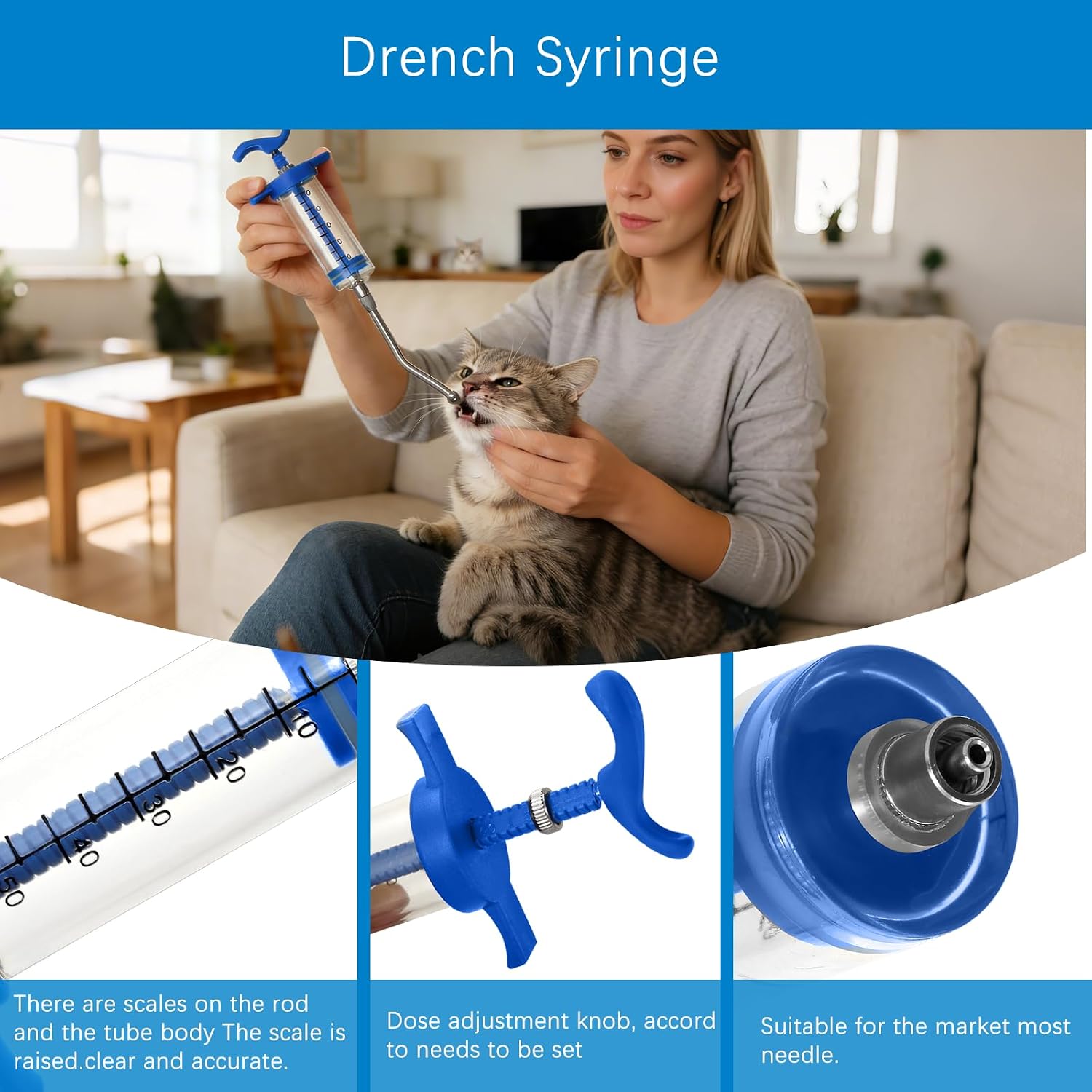 50ml Drenching/Feeding Syringes,with 1 Adjustable Dosage Nozzle,Reusable Feeding Syringe for