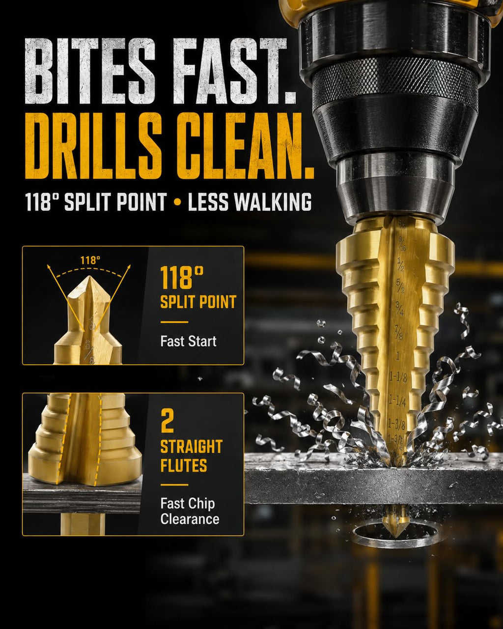 HSS Step Drill Bit for Metal, 3/8" Tri-Shank, 10 Steps from 1/4" to 1-3/8"