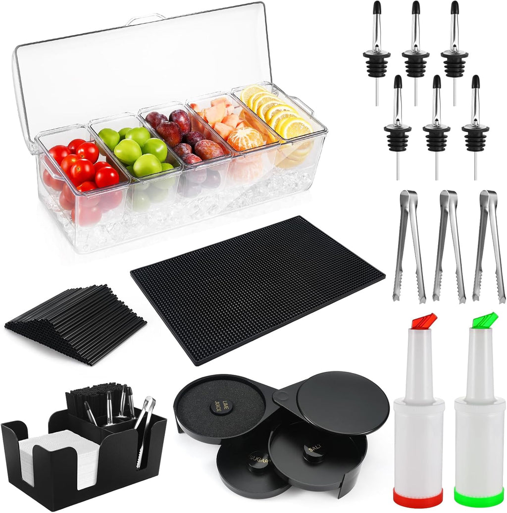 Bartending Supplies - 18" x 12" Bar Mat Garnish Tray with Lid Bar Caddy 3 Tier Bar Glass Rimmer, 2 Plastic Juice Pour