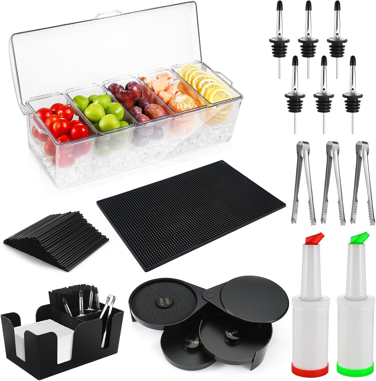 Bartending Supplies - 18" x 12" Bar Mat Garnish Tray with Lid Bar Caddy 3 Tier Bar Glass Rimmer, 2 Plastic Juice Pour