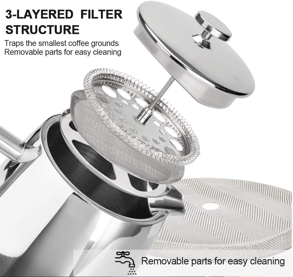 French Press Coffee Maker, 34-Ounce, 304 Stainless Steel Insulated Coffee Press with Extra Screen