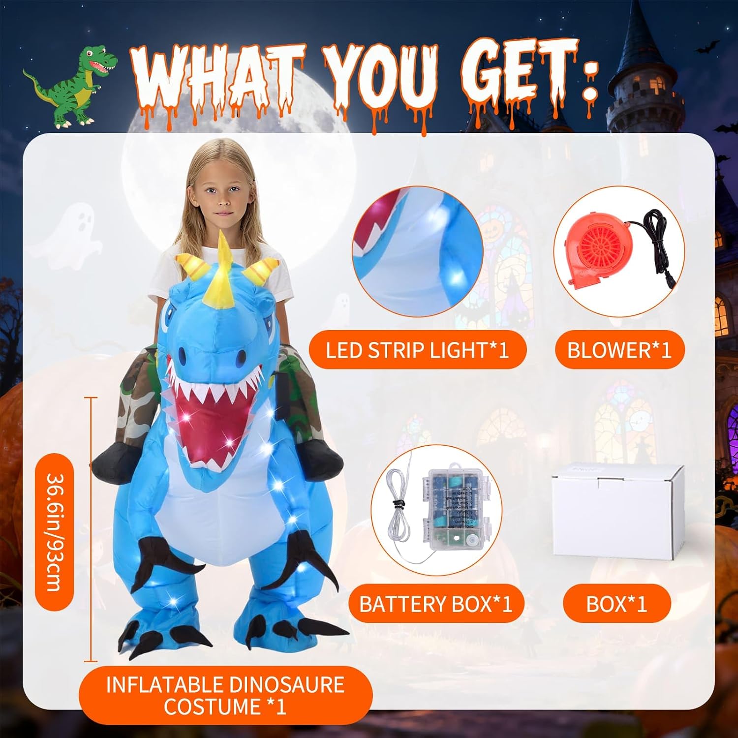 Inflatable Dinosaur Costume for Kids Light Up T-Rex Funny Blow Up Halloween Party Cosplay Dress Up Outfit Boys