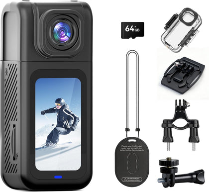 4K Thumb Action Camera with 180° Rotatable Lens, 38.3g Ultra-Light Mini Wearable POV Camera, Portable Vlogging,Helmet