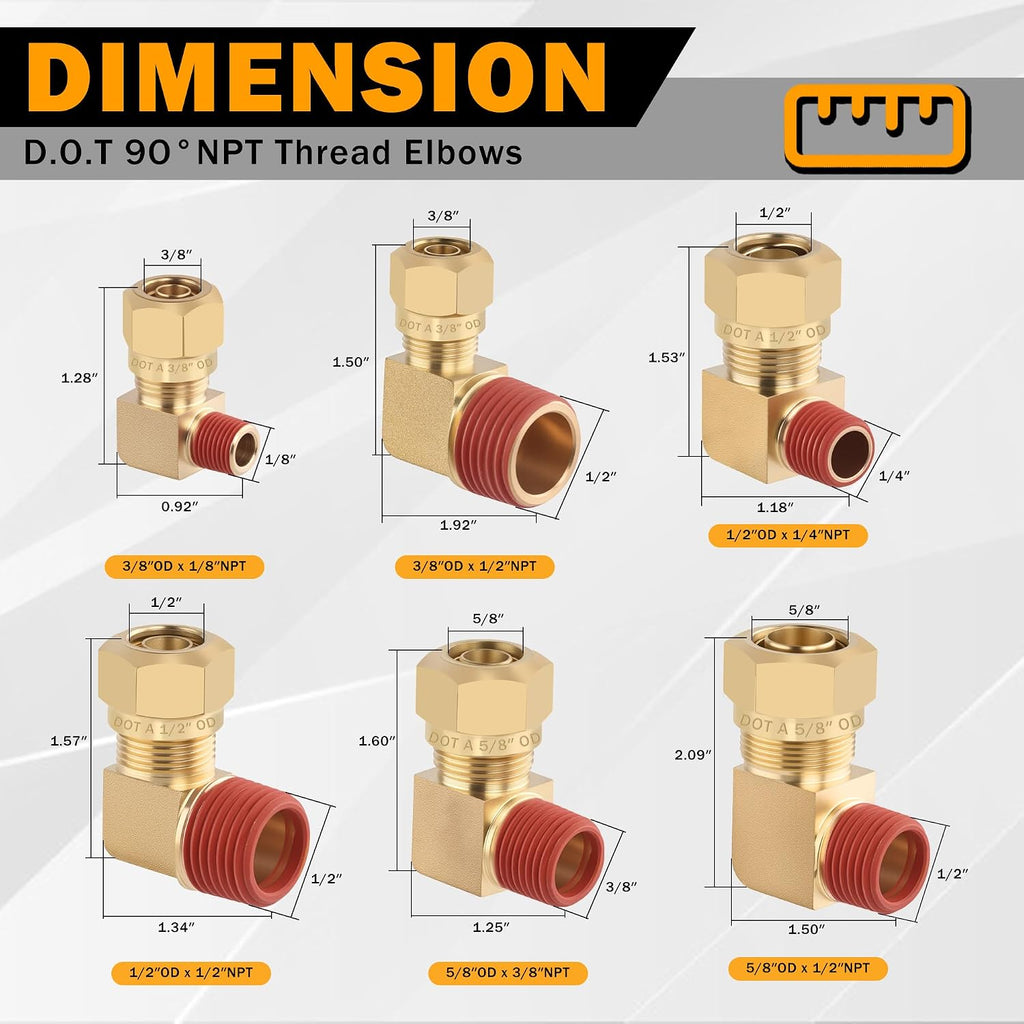 5PCS Brass DOT 5/8" Tube x 3/8" NPT Nylon Tubing 90 Degree Elbow
