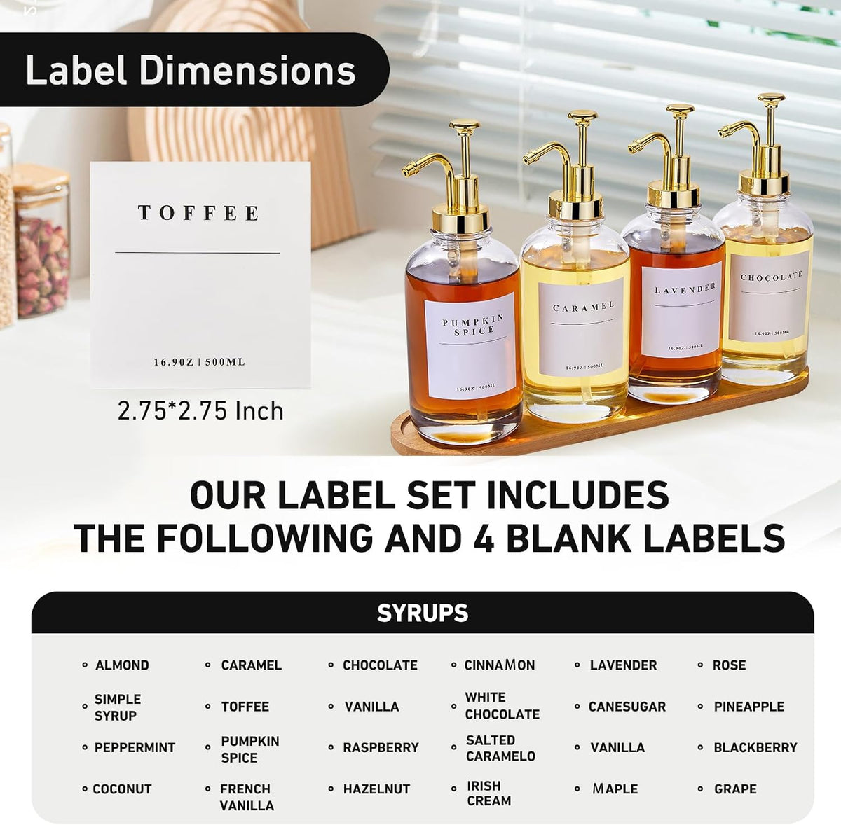 Coffee Syrup Dispenser for Coffee Bar with Gold Upgraded Pump, 4 Pack
