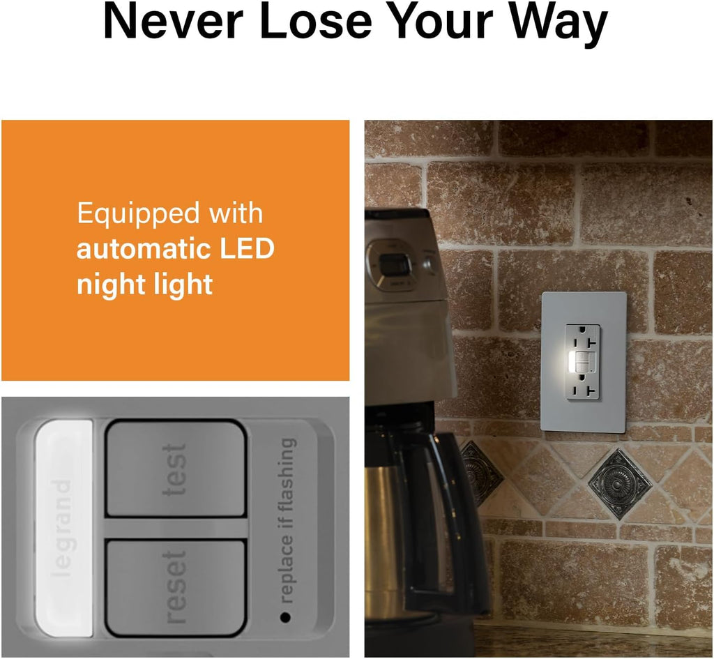 Legrand radiant 20 Amp Tamper Resistant LED Night Light GFCI Gray