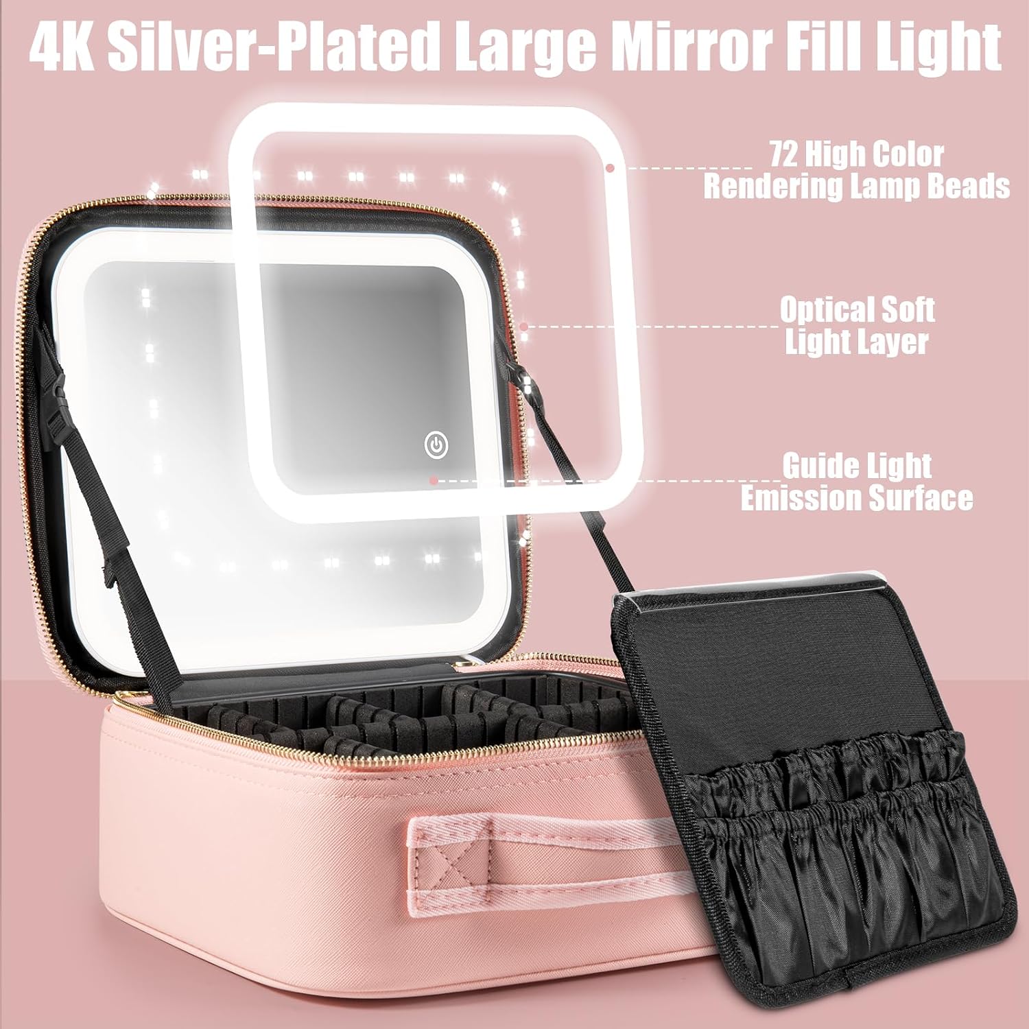 Makeup Travel Train Case with Mirror LED Light 3 Adjustable Brightness Large Cosmetic Bag Portable Storage Adjustable