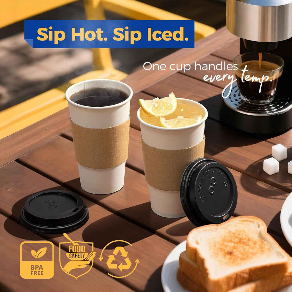16 oz 100 Pack To Go Coffee Cups with Lids and Sleeves