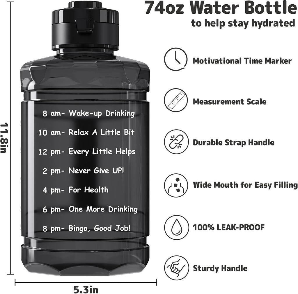 Large Water Bottle with Motivational Time Marker & Straw & Handle,2 Lids | BPA Free,Gallon Water Jug, Half Gallon