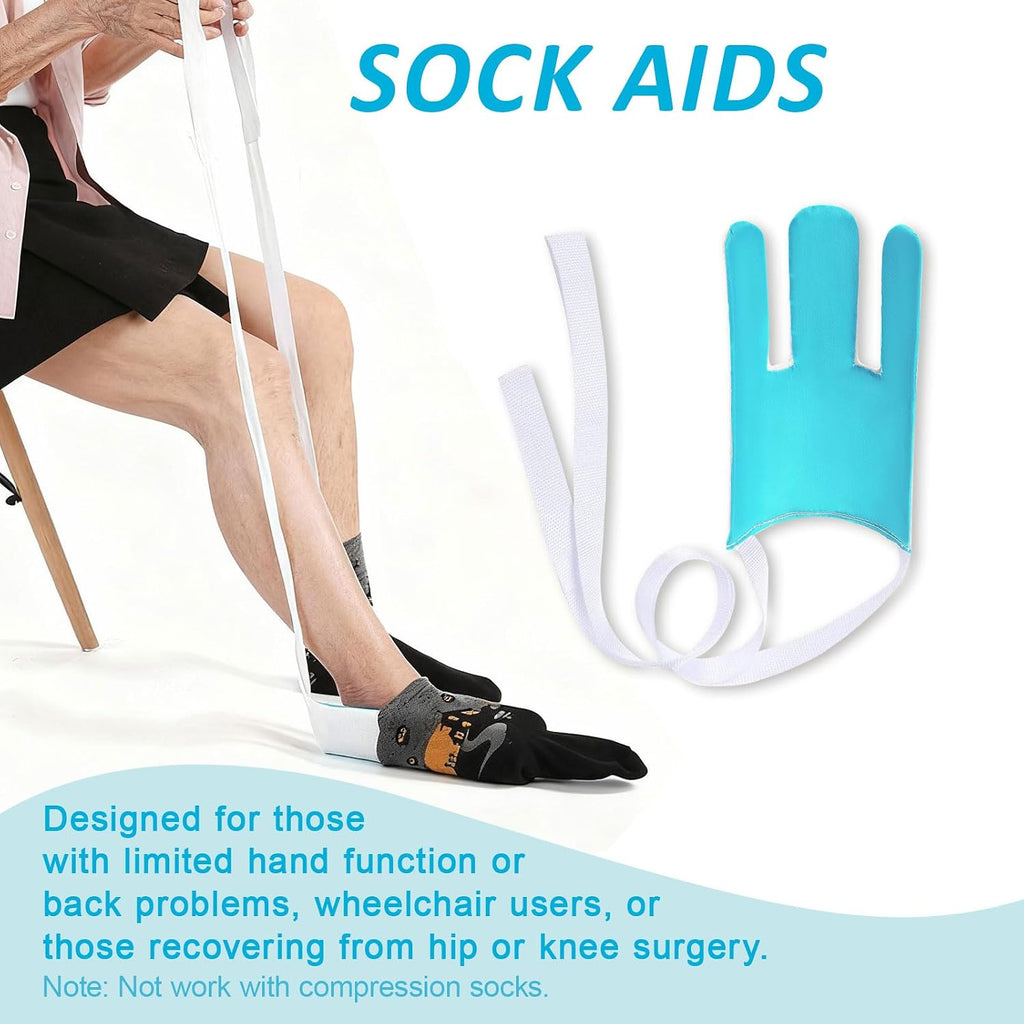 Assistive Device No Bending Kit for Elderly -Sock Aids, Foldable Reacher Grabber with 360° Rotating Jaw & Magnet